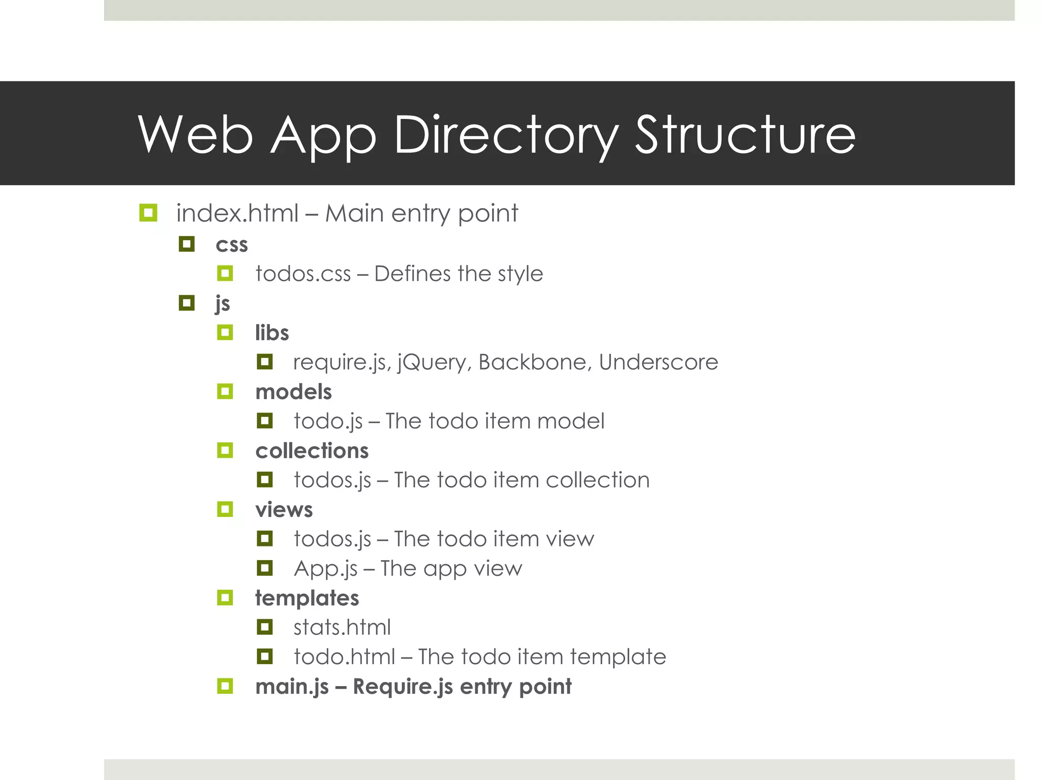 Web App Directory Structure
 index.html – Main entry point
    css
      todos.css – Defines the style
    js
      libs
          require.js, jQuery, Backbone, Underscore
      models
          todo.js – The todo item model
      collections
          todos.js – The todo item collection
      views
          todos.js – The todo item view
          App.js – The app view
      templates
          stats.html
          todo.html – The todo item template
      main.js – Require.js entry point
 