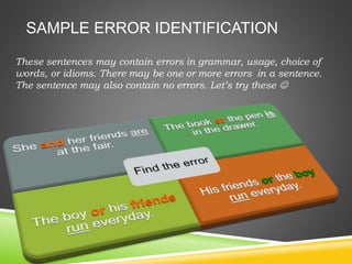 SAMPLE ERROR IDENTIFICATION
These sentences may contain errors in grammar, usage, choice of
words, or idioms. There may be one or more errors in a sentence.
The sentence may also contain no errors. Let’s try these 
 