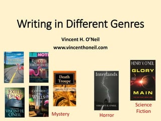 Writing in Different Genres 
Vincent H. O’Neil 
www.vincenthoneil.com 
Mystery Horror 
Science 
Fiction 
 