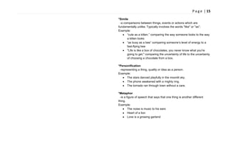 P a g e | 15
*Simile
-a comparisons between things, events or actions which are
fundamentally unlike. Typically involves the words ''like'' or ''as''.
Example:
―cute as a kitten,‖ comparing the way someone looks to the way
a kitten looks
―as busy as a bee‖ comparing someone‘s level of energy to a
fast-flying bee
"Life is like a box of chocolates, you never know what you're
going to get." comparing the uncertainty of life to the uncertainty
of choosing a chocolate from a box.
*Personification
-representing a thing, quality or idea as a person.
Example:
The stars danced playfully in the moonlit sky.
The phone awakened with a mighty ring.
The tornado ran through town without a care.
*Metaphor
-is a figure of speech that says that one thing is another different
thing.
Example:
The noise is music to his ears
Heart of a lion
Love is a growing garland
 
