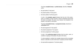 P a g e | 19
The three complete tenses, or perfect tenses, describe a finished
action:
the past perfect ("I had gone")
the present perfect ("I have gone")
the future perfect ("I will have gone")
A verb in the complete aspect indicates that the end of the action,
event, or condition is known and the is used to emphasize the fact that
the action is complete. The action may, however, be completed in the
present, in the past or in the future.
The three incomplete tenses, or progressive tenses, describe an
unfinished action:
the past progressive ("I was going")
the present progressive ("I am going")
the future progressive ("I will be going")
A verb in the continuing aspect indicates that the action, event, or
condition is ongoing in the present, the past or the future.
It is also possible to combine the complete tenses and the incomplete
tenses, to describe an action which was in progress and then finished:
the past perfect progressive ("I had been going")
 