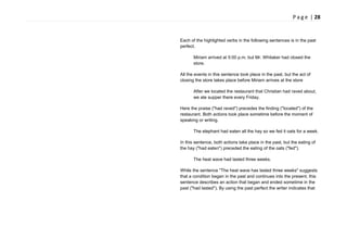 P a g e | 28
Each of the highlighted verbs in the following sentences is in the past
perfect.
Miriam arrived at 5:00 p.m. but Mr. Whitaker had closed the
store.
All the events in this sentence took place in the past, but the act of
closing the store takes place before Miriam arrives at the store
After we located the restaurant that Christian had raved about,
we ate supper there every Friday.
Here the praise ("had raved") precedes the finding ("located") of the
restaurant. Both actions took place sometime before the moment of
speaking or writing.
The elephant had eaten all the hay so we fed it oats for a week.
In this sentence, both actions take place in the past, but the eating of
the hay ("had eaten") preceded the eating of the oats ("fed").
The heat wave had lasted three weeks.
While the sentence "The heat wave has lasted three weeks" suggests
that a condition began in the past and continues into the present, this
sentence describes an action that began and ended sometime in the
past ("had lasted"). By using the past perfect the writer indicates that
 