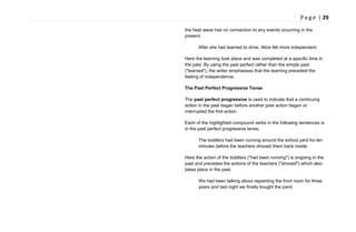 P a g e | 29
the heat wave has no connection to any events occurring in the
present.
After she had learned to drive, Alice felt more independent.
Here the learning took place and was completed at a specific time in
the past. By using the past perfect rather than the simple past
("learned"), the writer emphasises that the learning preceded the
feeling of independence.
The Past Perfect Progressive Tense
The past perfect progressive is used to indicate that a continuing
action in the past began before another past action began or
interrupted the first action.
Each of the highlighted compound verbs in the following sentences is
in the past perfect progressive tense.
The toddlers had been running around the school yard for ten
minutes before the teachers shooed them back inside.
Here the action of the toddlers ("had been running") is ongoing in the
past and precedes the actions of the teachers ("shooed") which also
takes place in the past.
We had been talking about repainting the front room for three
years and last night we finally bought the paint.
 