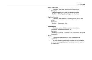 P a g e | 53
Nation or Republic
- Capitalize when used as a synonym for a country.
Examples:
· The Nation stands by its men and women in combat.
· The future of the Republic is riding on his shoulders.
Organized Bodies
- Capitalize when referring to these organized groups as a
whole.
Examples:
· Shriners · Democrats · Elks
Organizations
- Capitalize names of clubs, societies, associations,
companies, foundations, institutes, etc.
Examples:
· Knights of Columbus · American Lung Association · Microsoft
Corporation
Poetry
- Traditionally, the first word of every line of poetry is
capitalized.
- In some modern English poetry formats, only the first word
of the first line is capitalized, and sometimes even this word is
all lower-case.
 