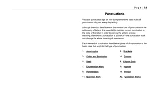 P a g e | 58
Punctuations
Valuable punctuation tips on how to implement the basic rules of
punctuation into your every day writing.
Although there is a trend towards the minimal use of punctuation in the
addressing of letters, it is essential to maintain correct punctuation in
the body of the letter in order to convey the writer‘s precise
meaning. Remember, punctuation is powerful—one punctuation mark
can change the whole meaning of a sentence.
Each element of punctuation listed below gives a full explanation of the
basic rules that apply to that type of punctuation.
1. Apostrophe 2. Brackets
3. Colon and Semicolon 4. Comma
5. Dash 6. Ellipsis Dots
7. Exclamation Mark 8. Hyphen
9. Parentheses 10. Period
11. Question Mark 12. Quotation Marks
 