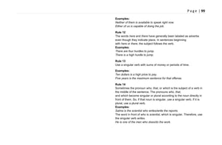 P a g e | 99
Examples:
Neither of them is available to speak right now.
Either of us is capable of doing the job.
Rule 12
The words here and there have generally been labeled as adverbs
even though they indicate place. In sentences beginning
with here or there, the subject follows the verb.
Examples:
There are four hurdles to jump.
There is a high hurdle to jump.
Rule 13
Use a singular verb with sums of money or periods of time.
Examples:
Ten dollars is a high price to pay.
Five years is the maximum sentence for that offense.
Rule 14
Sometimes the pronoun who, that, or which is the subject of a verb in
the middle of the sentence. The pronouns who, that,
and which become singular or plural according to the noun directly in
front of them. So, if that noun is singular, use a singular verb. If it is
plural, use a plural verb.
Examples:
Salma is the scientist who writes/write the reports.
The word in front of who is scientist, which is singular. Therefore, use
the singular verb writes.
He is one of the men who does/do the work.
 