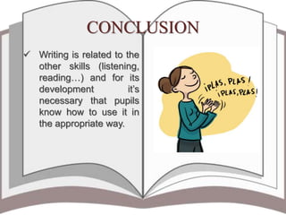 CONCLUSION
 Writing is related to the
other skills (listening,
reading…) and for its
development it’s
necessary that pupils
know how to use it in
the appropriate way.
 