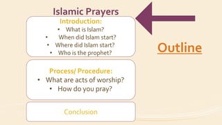 Introduction:
• What is Islam?
• When did Islam start?
• Where did Islam start?
• Who is the prophet?
Process/ Procedure:
• What are acts of worship?
• How do you pray?
Conclusion
Islamic Prayers
Outline
 