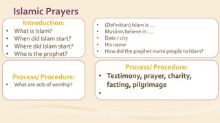 Introduction:
• What is Islam?
• When did Islam start?
• Where did Islam start?
• Who is the prophet?
Process/ Procedure:
• What are acts of worship?
Islamic Prayers
• (Definition) Islam is ….
• Muslims believe in ….
• Date / city
• His name
• How did the prophet invite people to Islam?
Process/ Procedure:
• Testimony, prayer, charity,
fasting, pilgrimage
•
 