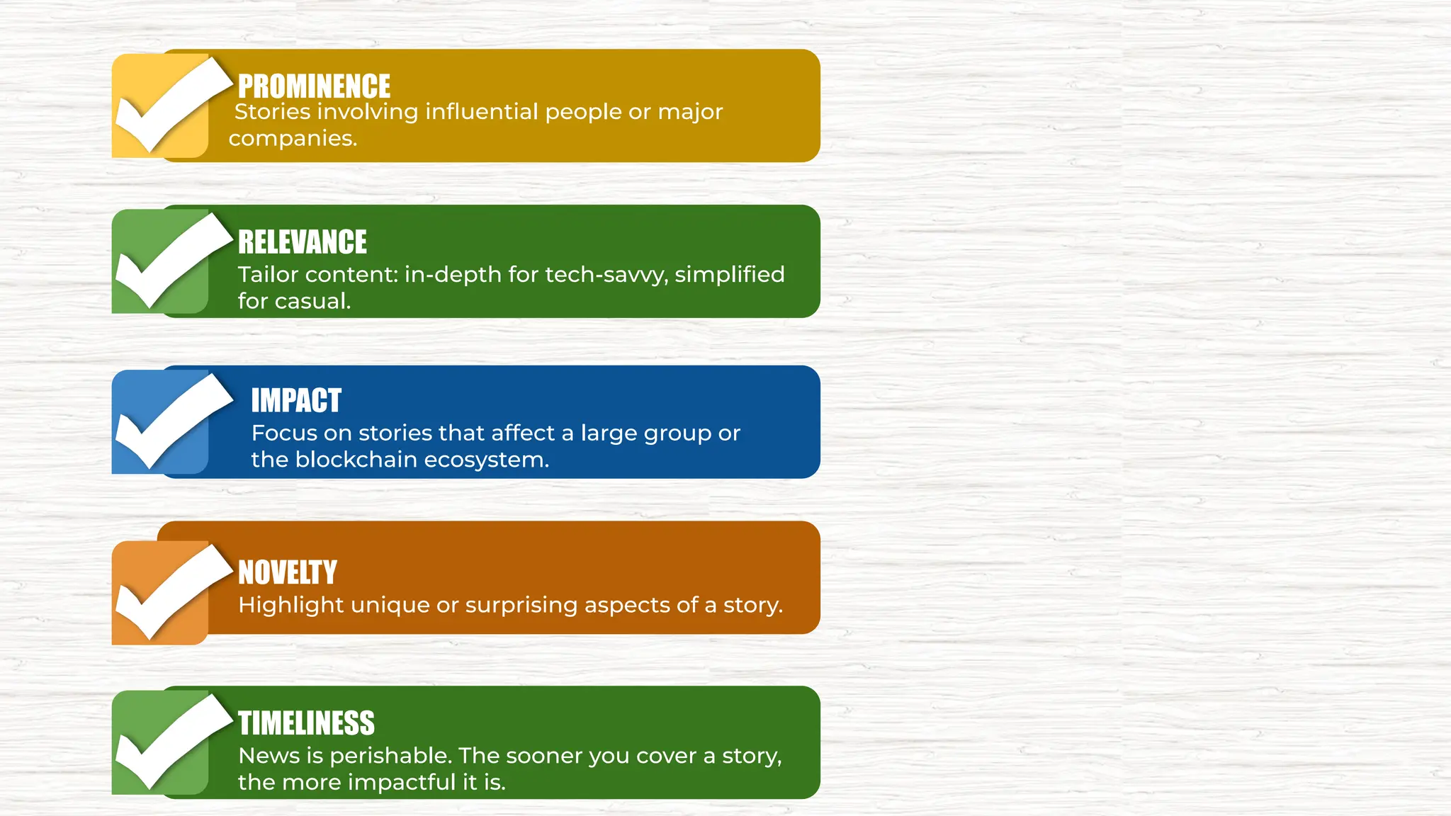 PROMINENCE
Stories involving inﬂuential people or major
companies.
RELEVANCE
Tailor content: in-depth for tech-savvy, simpliﬁed
for casual.
IMPACT
Focus on stories that affect a large group or
the blockchain ecosystem.
NOVELTY
Highlight unique or surprising aspects of a story.
TIMELINESS
News is perishable. The sooner you cover a story,
the more impactful it is.
 