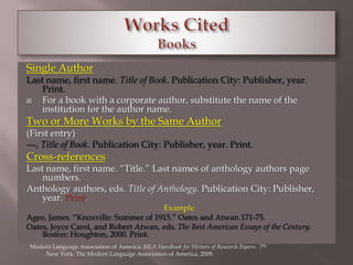 Single Author 
Last name, first name. Title of Book. Publication City: Publisher, year. 
Print. 
 For a book with a corporate author, substitute the name of the 
institution for the author name. 
Two or More Works by the Same Author 
(First entry) 
---, Title of Book. Publication City: Publisher, year. Print. 
Cross-references 
Last name, first name. “Title.” Last names of anthology authors page 
numbers. 
Anthology authors, eds. Title of Anthology. Publication City: Publisher, 
year. Print. 
Example 
Agee, James. “Knoxville: Summer of 1915.” Oates and Atwan 171-75. 
Oates, Joyce Carol, and Robert Atwan, eds. The Best American Essays of the Century. 
Boston: Houghton, 2000. Print. 
Modern Language Association of America. MLA Handbook for Writers of Research Papers. 7th. 
New York: The Modern Language Association of America, 2009. 
 