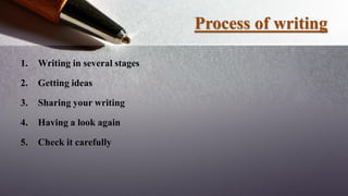 Process of writing
1. Writing in several stages
2. Getting ideas
3. Sharing your writing
4. Having a look again
5. Check it carefully
 