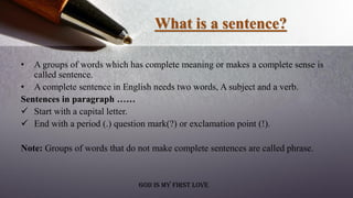 What is a sentence?
• A groups of words which has complete meaning or makes a complete sense is
called sentence.
• A complete sentence in English needs two words, A subject and a verb.
Sentences in paragraph ……
 Start with a capital letter.
 End with a period (.) question mark(?) or exclamation point (!).
Note: Groups of words that do not make complete sentences are called phrase.
God is my first love
 