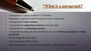 *What is a paragraph?
• A paragraph is a group of about 6-12 sentences.
• Paragraph is a group of related sentences about a single topic.
• A paragraph has topic sentence.
• A paragraph has supporting sentences about the topic.
• A paragraph has a concluding sentence.
• A Paragraph according the idea divided into two parts Weak paragraph and strong
paragraph.
• Strong paragraph: same ideas.
• Weak paragraph: Different ideas.
• Supporting sentences: develop the paragraph by adding more information.
 