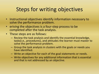 Steps for writing objectivesInstructional objectives identify information necessary to solve the performance problem. eriving the objectives is a four-step process to be completed after the task analysis. These steps are as follows:Review the task analysis and identify the essential knowledge, tasks(i.e., procedures), and attitudes the learner must master to solve the performance problem.Group the task analysis in clusters with the goals or needs you have identified.Write an objective for each of the goal statements or needs. Write objectives for any additional information that is essential and that is not addressed by an objective.