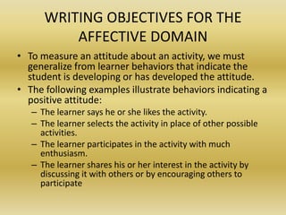 WRITING OBJECTIVES FOR THE AFFECTIVE DOMAINTo measure an attitude about an activity, we must generalize from learner behaviors that indicate the student is developing or has developed the attitude. The following examples illustrate behaviors indicating a positive attitude:The learner says he or she likes the activity. The learner selects the activity in place of other possible activities. The learner participates in the activity with much enthusiasm. The learner shares his or her interest in the activity by discussing it with others or by encouraging others to participate