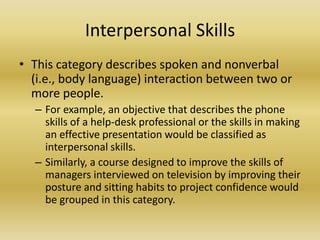Interpersonal SkillsThis category describes spoken and nonverbal (i.e., body language) interaction between two or more people. For example, an objective that describes the phone skills of a help-desk professional or the skills in making an effective presentation would be classified as interpersonal skills. Similarly, a course designed to improve the skills of managers interviewed on television by improving their posture and sitting habits to project confidence would be grouped in this category.