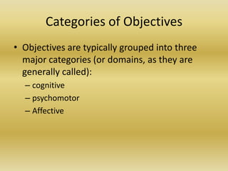 Categories of ObjectivesObjectives are typically grouped into three major categories (or domains, as they are generally called): cognitivepsychomotor Affective