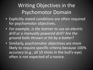  For the terminal objectives cited previously, the following
enabling objectives are created:
 Terminal objective: Recognize the form of poetry
(Knowledge)
 Enabling objectives:
1. Define the term poem (Knowledge)
2. Identify different types of poems.(Comprehension)
3. Outline the attributes of poems. (Comprehension)
4. Compose poems (Application/Synthesis)
5. Compare different types of poems (Analysis)
6. Contrast different types of poems (Analysis)
7. Critique a poem (Evaluation)
 
