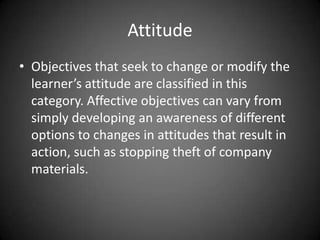 Merrill’s performance-content
matrix
 In his component display theory, Merrill (1983)
proposed another useful tool for classifying objectives.
 The expanded model (see Table 5-8) builds on
Merrill’s model to account for psychomotor, affective,
and interpersonal tasks that are not included in
Merrill’s component display theory.
 