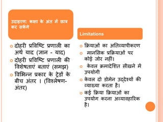  दोहिी प्रववश्ष्ि प्रणाली का
अथभ याद (ज्ञान - याद)
 दोहिी प्रववश्ष्ि प्रणाली की
ववशेषताएां बताएां (समझ)
 ववलभन्न प्रकाि के रेडों के
बीच अांति । (ववश्लेषण-
अांति)
 क्रियाओां का अततव्यापीकिण
 मानलसक प्रक्रियाओां पि
कोई र्जोि नहीां।
 के वल िमादेलशत सीखने में
उपयोगी
 के वल दो डोमेन उद्देश्यों की
व्याख्या किता है।
 कई क्रिया क्रियाओां का
उपयोग किना अव्यावहारिक
है।
उदाहरण: किा के अंि में छात्र
कर सकें गे
Limitations
 