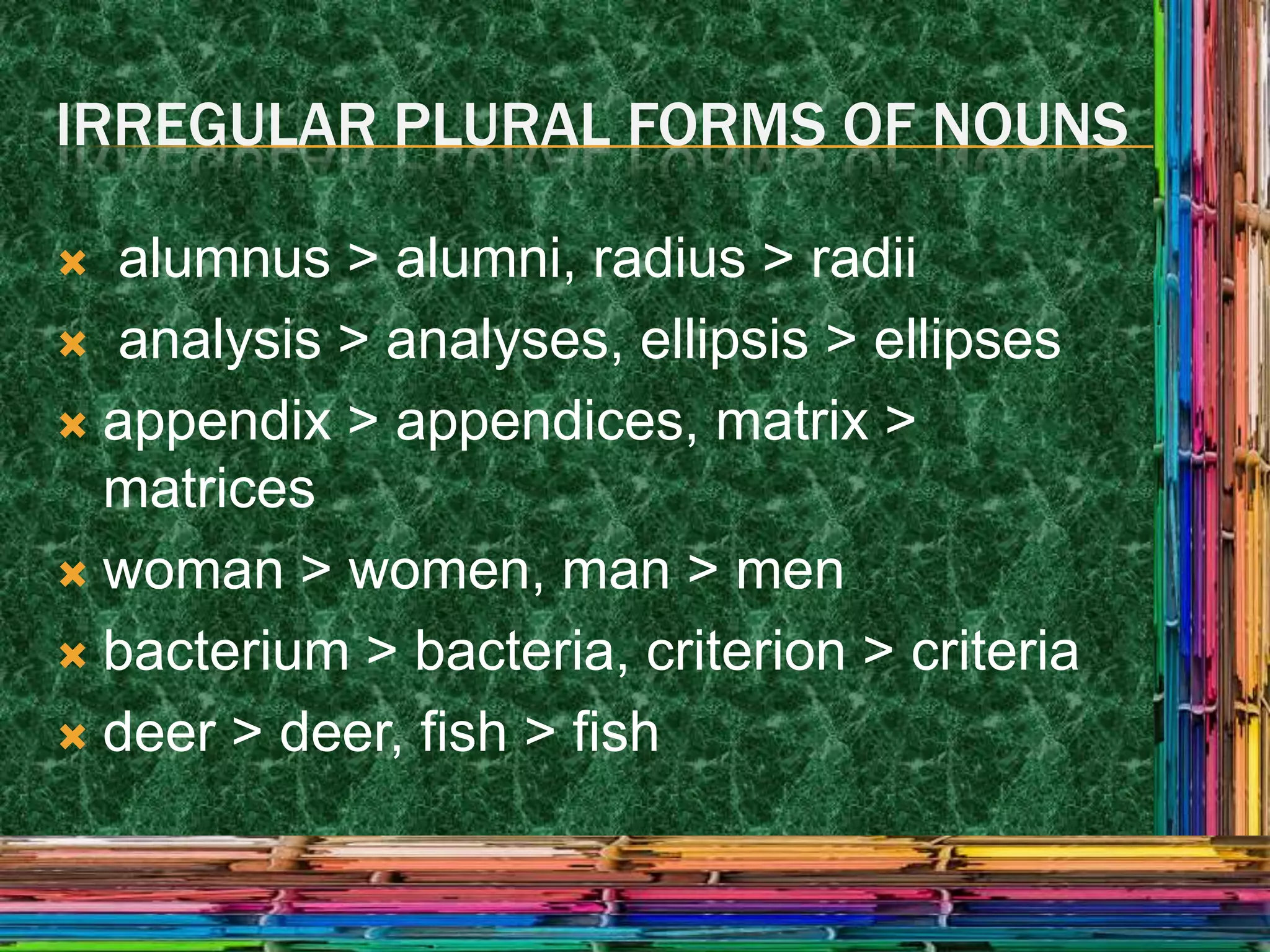 IRREGULAR PLURAL FORMS OF NOUNS

 alumnus > alumni, radius > radii
 analysis > analyses, ellipsis > ellipses

 appendix > appendices, matrix >
  matrices
 woman > women, man > men

 bacterium > bacteria, criterion > criteria

 deer > deer, fish > fish
 