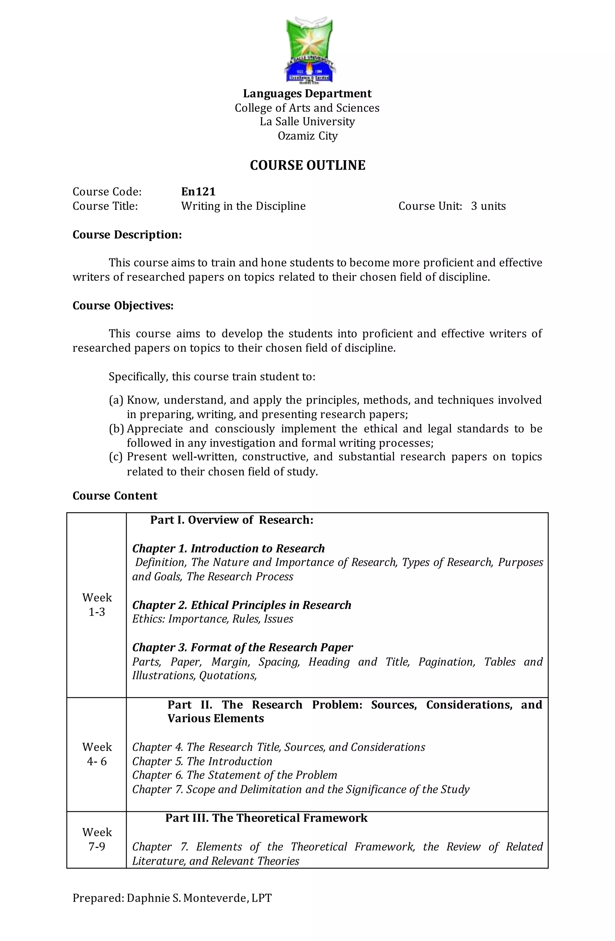 Writing in the discipline course outline | DOCX