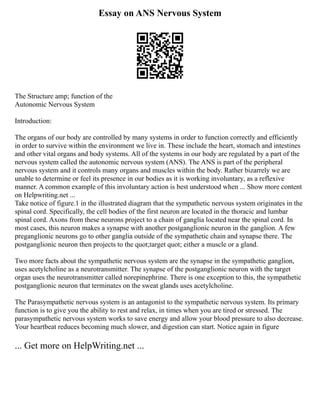 Essay on ANS Nervous System
The Structure amp; function of the
Autonomic Nervous System
Introduction:
The organs of our body are controlled by many systems in order to function correctly and efficiently
in order to survive within the environment we live in. These include the heart, stomach and intestines
and other vital organs and body systems. All of the systems in our body are regulated by a part of the
nervous system called the autonomic nervous system (ANS). The ANS is part of the peripheral
nervous system and it controls many organs and muscles within the body. Rather bizarrely we are
unable to determine or feel its presence in our bodies as it is working involuntary, as a reflexive
manner. A common example of this involuntary action is best understood when ... Show more content
on Helpwriting.net ...
Take notice of figure.1 in the illustrated diagram that the sympathetic nervous system originates in the
spinal cord. Specifically, the cell bodies of the first neuron are located in the thoracic and lumbar
spinal cord. Axons from these neurons project to a chain of ganglia located near the spinal cord. In
most cases, this neuron makes a synapse with another postganglionic neuron in the ganglion. A few
preganglionic neurons go to other ganglia outside of the sympathetic chain and synapse there. The
postganglionic neuron then projects to the quot;target quot; either a muscle or a gland.
Two more facts about the sympathetic nervous system are the synapse in the sympathetic ganglion,
uses acetylcholine as a neurotransmitter. The synapse of the postganglionic neuron with the target
organ uses the neurotransmitter called norepinephrine. There is one exception to this, the sympathetic
postganglionic neuron that terminates on the sweat glands uses acetylcholine.
The Parasympathetic nervous system is an antagonist to the sympathetic nervous system. Its primary
function is to give you the ability to rest and relax, in times when you are tired or stressed. The
parasympathetic nervous system works to save energy and allow your blood pressure to also decrease.
Your heartbeat reduces becoming much slower, and digestion can start. Notice again in figure
... Get more on HelpWriting.net ...
 