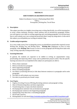 MarhamJupriHadi
email:marhamhadi@gmail.com
marhamhadi@unw.ac.id
English Language Education Program
Faculty of Teacher Trainingand Education
University of NahdlatulWathan (UNW) Mataram
Page 1
WRITING VI
HOW TO WRITE AN ARGUMENTATIVE ESSAY?
Subject Coordinator/ Lecturer MarhamJupriHadi, M.Ed
Code -
Prerequisite Writing One, Two& Three
A. Description
This subject provides you insights concerning essay writing. Specifically, you will be learning how
to write a thesis statement, develop a thesis sentence into an introductory paragraph. Further,
you will improve your skills on writing supporting and concluding paragraphs. You will also learn
how to self evaluate your own writing and proofread others’ essays by using rubrics. In the end of
this subject, you will publish your writing on students’ blog.
B. Credits and prerequisites
It is a two credit course. Prior to doing this course, you should have passed other required courses
Writing One, Writing Two and Writing Three. Writing One emphasizes on how to write
paragraph, while Writing Two focuses on how to write paragraph and Writing three deals with
essay writing, especially writing narrative essay.
C. Learning Outcomes
In general, the students are expected to be skillful in writing an argumentative essay,
proofreading and improving others’ essays and to publish their projects online. Thus the specific
learning outcomes to be accomplished in this subject are participants are able to:
1. Write a thesis statement
2. Write an introductory paragraph
3. Write supporting paragraphs
4. Write concluding paragraphs
5. Use linkers (connecting devices) to link ideas between sentences in paragraphs and to unite
paragraphs
6. Use rubric to self evaluate your own essays
7. Use rubric to proofread your friends’ essays
D. CoreTopics
1. Urgency of writing, Process of Writing, Revisiting sentences and paragraph writing
2. Ideas to Brainstorming Ideas and ideas organization
3. Transforming ideas or topics into thesis statement
4. Developing thesis statement into an introductory paragraph
5. Developing topic sentences into Supporting paragraphs
6. Summarizing essay ideas into a concluding paragraph
7. IELTSTask 2 practice
8. Writing Rubric for self check (http://wid.ndia.org/about/Documents/WID_EssayRubric.pdf)
 