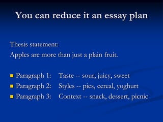 You can reduce it an essay plan

Thesis statement:
Apples are more than just a plain fruit.

   Paragraph 1:   Taste -- sour, juicy, sweet
   Paragraph 2:   Styles -- pies, cereal, yoghurt
   Paragraph 3:   Context -- snack, dessert, picnic
 