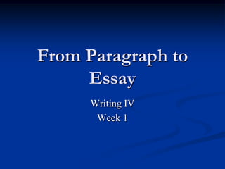 From Paragraph to
     Essay
      Writing IV
       Week 1
 