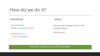 How do we do it?
CONVENTION
Use namespaces
window.namespace.function
window.myFoo = {
doFoo: function() {}
}
UNLESS
The function already exists on the
window object.
window.alert
Parameters & Values must be JSON serializeable
 