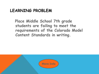LEARNING PROBLEM
Place Middle School 7th grade
students are failing to meet the
requirements of the Colorado Model
Content Standards in writing.
More Info
 