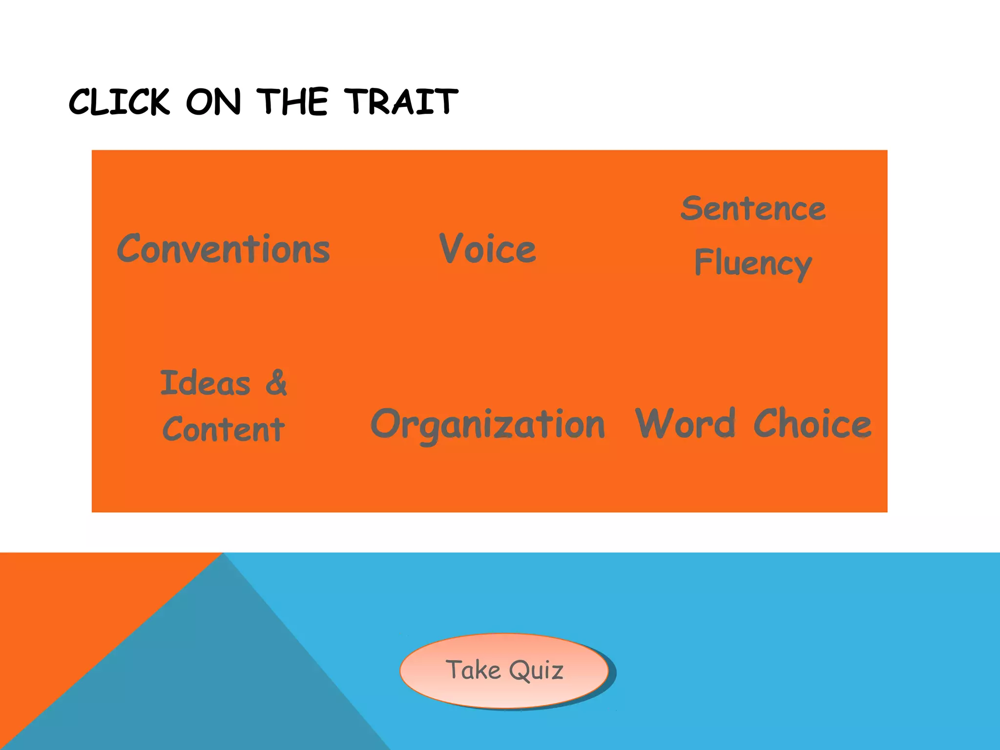 CLICK ON THE TRAIT
Conventions Voice
Sentence
Fluency
Ideas &
Content Organization Word Choice
Take QuizTake Quiz
 