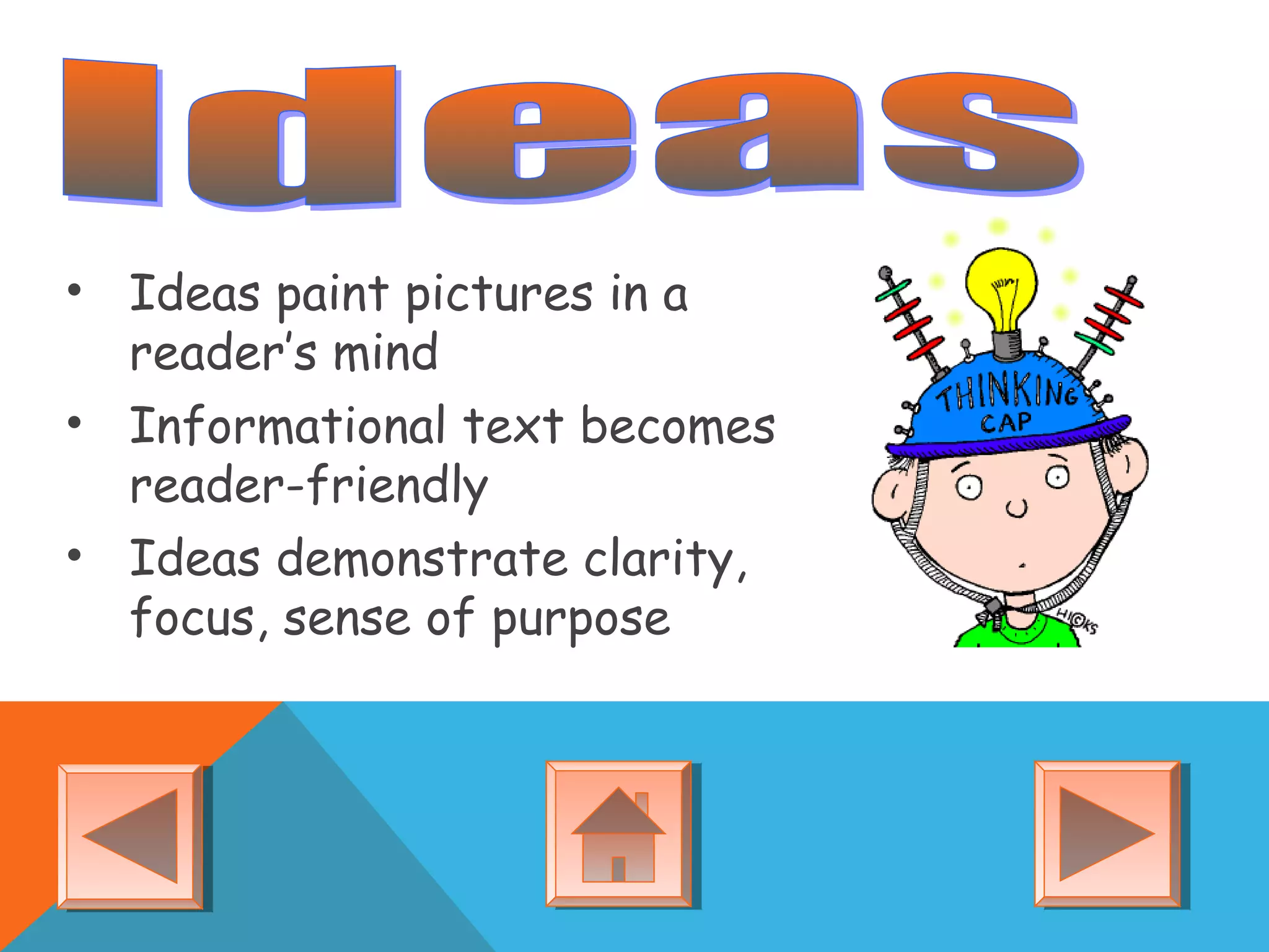 • Ideas paint pictures in a
reader’s mind
• Informational text becomes
reader-friendly
• Ideas demonstrate clarity,
focus, sense of purpose
 