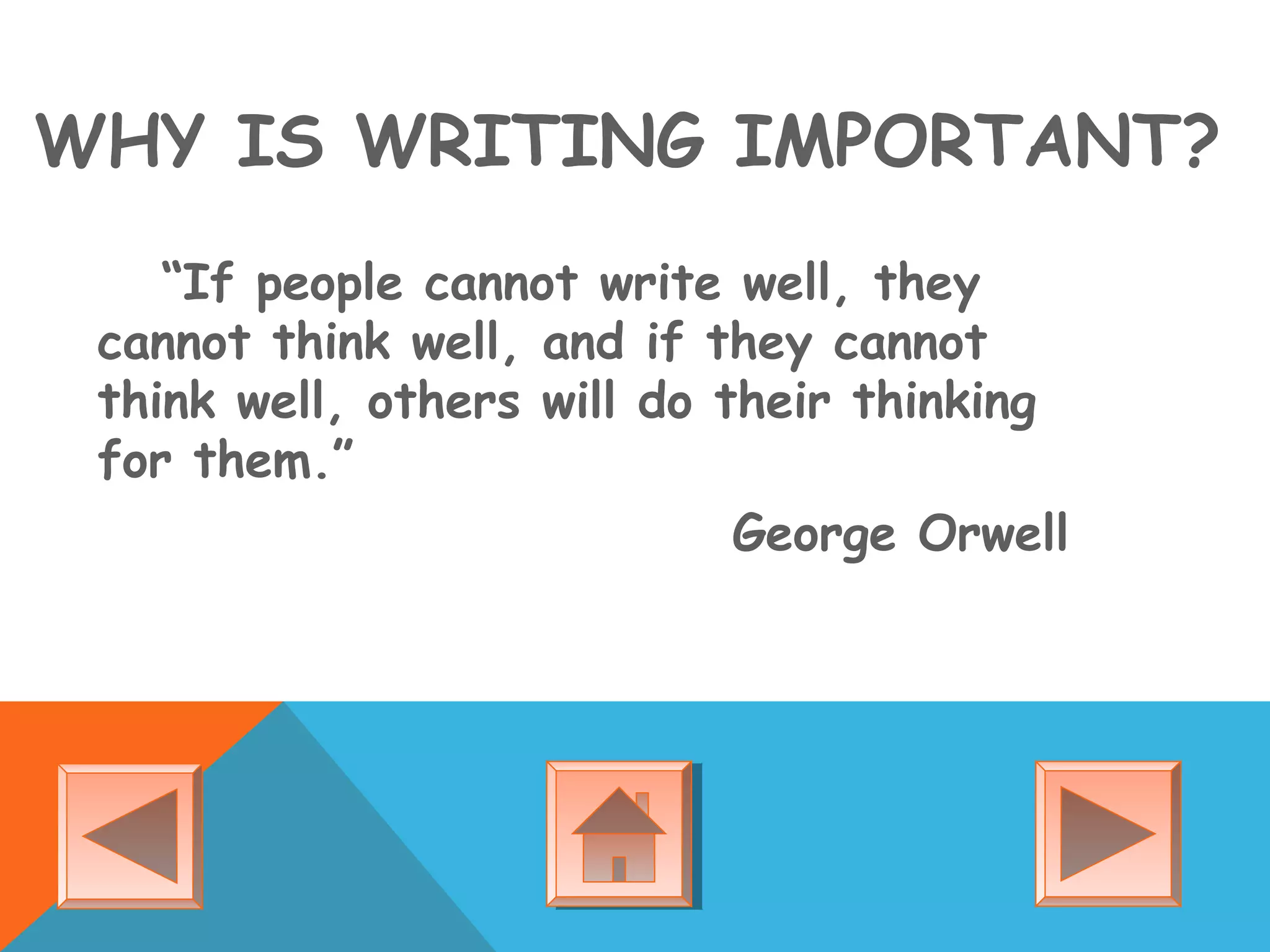 WHY IS WRITING IMPORTANT?
“If people cannot write well, they
cannot think well, and if they cannot
think well, others will do their thinking
for them.”
George Orwell
 