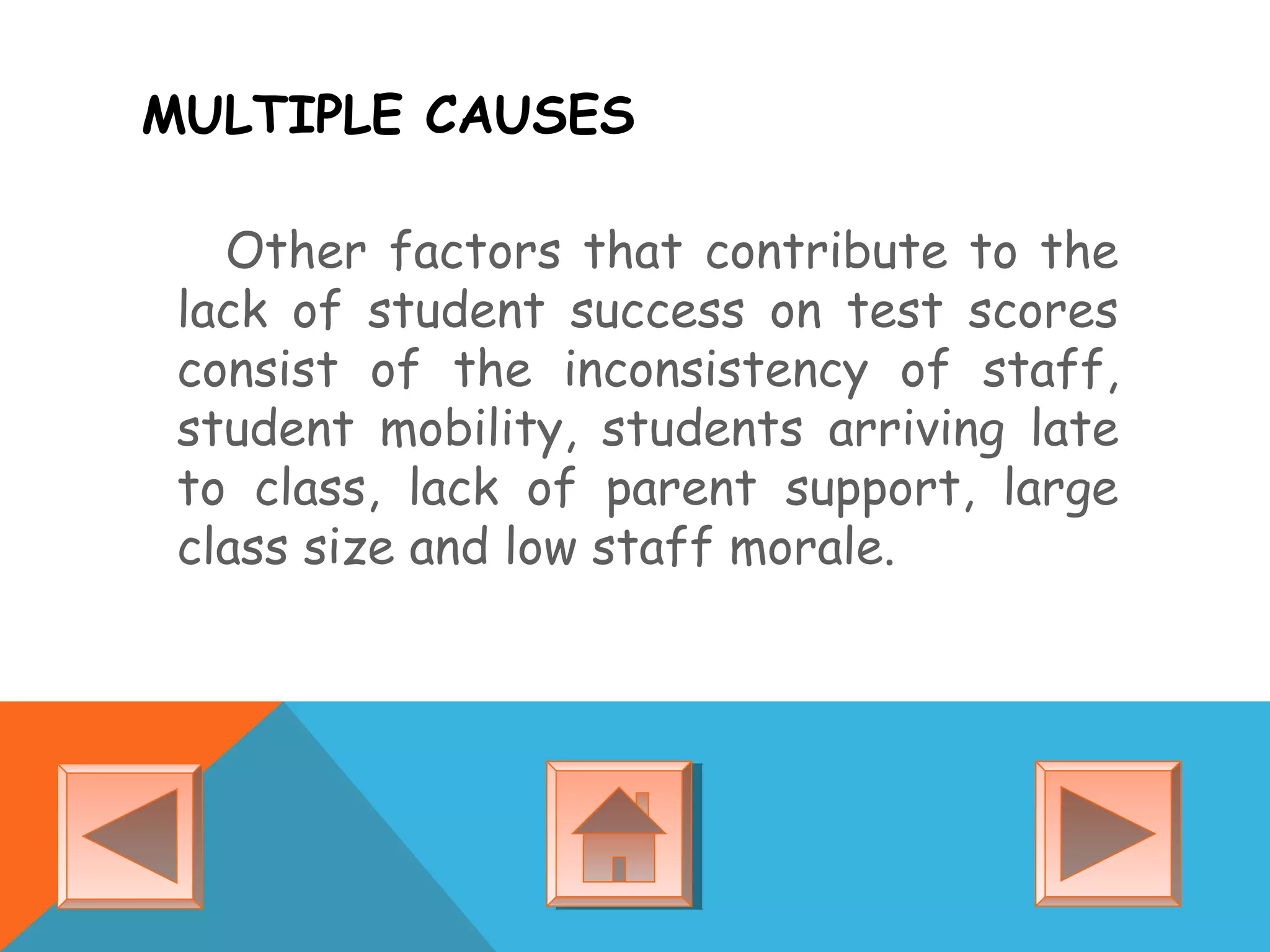 MULTIPLE CAUSES
Other factors that contribute to the
lack of student success on test scores
consist of the inconsistency of staff,
student mobility, students arriving late
to class, lack of parent support, large
class size and low staff morale.
 