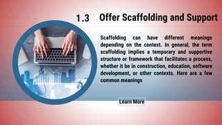 Offer Scaffolding and Support
1.3
Learn More
Scaffolding can have different meanings
depending on the context. In general, the term
scaffolding implies a temporary and supportive
structure or framework that facilitates a process,
whether it be in construction, education, software
development, or other contexts. Here are a few
common meanings
 