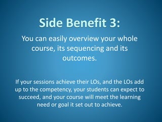Side Benefit 3:
You can easily overview your whole
course, its sequencing and its
outcomes.
If your sessions achieve their LOs, and the LOs add
up to the competency, your students can expect to
succeed, and your course will meet the learning
need or goal it set out to achieve.
 