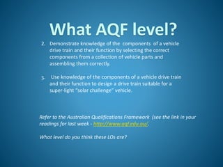 What AQF level?
2. Demonstrate knowledge of the components of a vehicle
drive train and their function by selecting the correct
components from a collection of vehicle parts and
assembling them correctly.
3. Use knowledge of the components of a vehicle drive train
and their function to design a drive train suitable for a
super-light “solar challenge” vehicle.
Refer to the Australian Qualifications Framework (see the link in your
readings for last week - http://www.aqf.edu.au/.
What level do you think these LOs are?
 