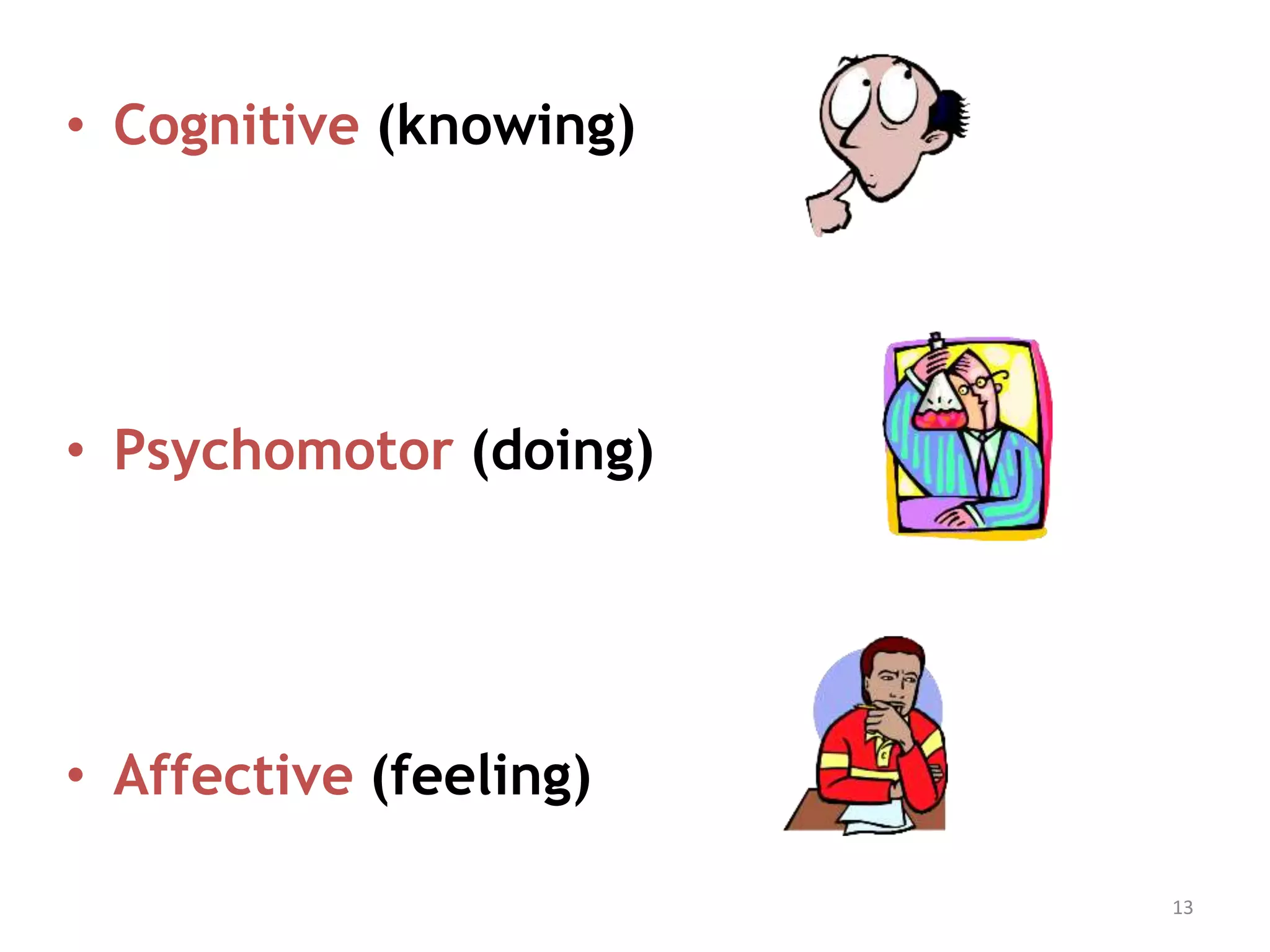 • Cognitive (knowing)
• Psychomotor (doing)
• Affective (feeling)
13
 