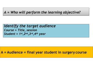 A = Who will perform the learning objective?
Identify the target audience
Course = Title, session
Student = 1st,2nd,3rd,4th year
A = Audience = final year student in surgery course
 