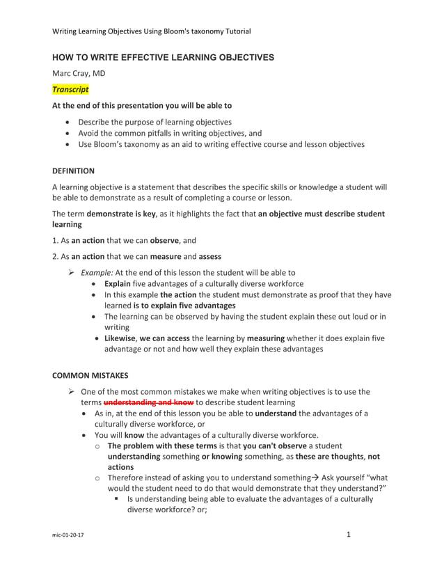 Writing Effective Learning Objectives Using Bloom's Taxonomy_Notes ...
