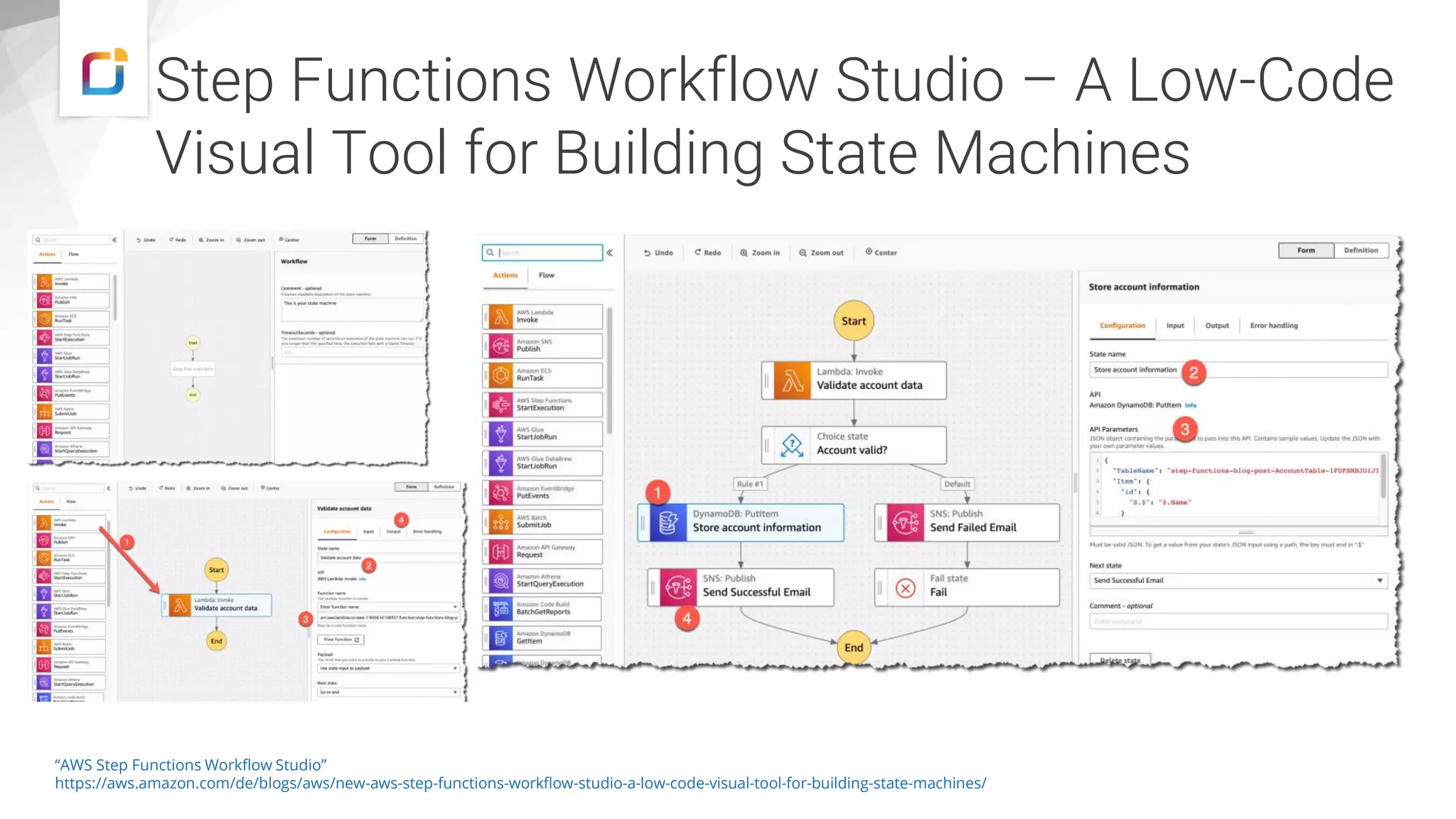 Step Functions Workflow Studio – A Low-Code
Visual Tool for Building State Machines
“AWS Step Functions Workflow Studio”
https://aws.amazon.com/de/blogs/aws/new-aws-step-functions-workflow-studio-a-low-code-visual-tool-for-building-state-machines/
 