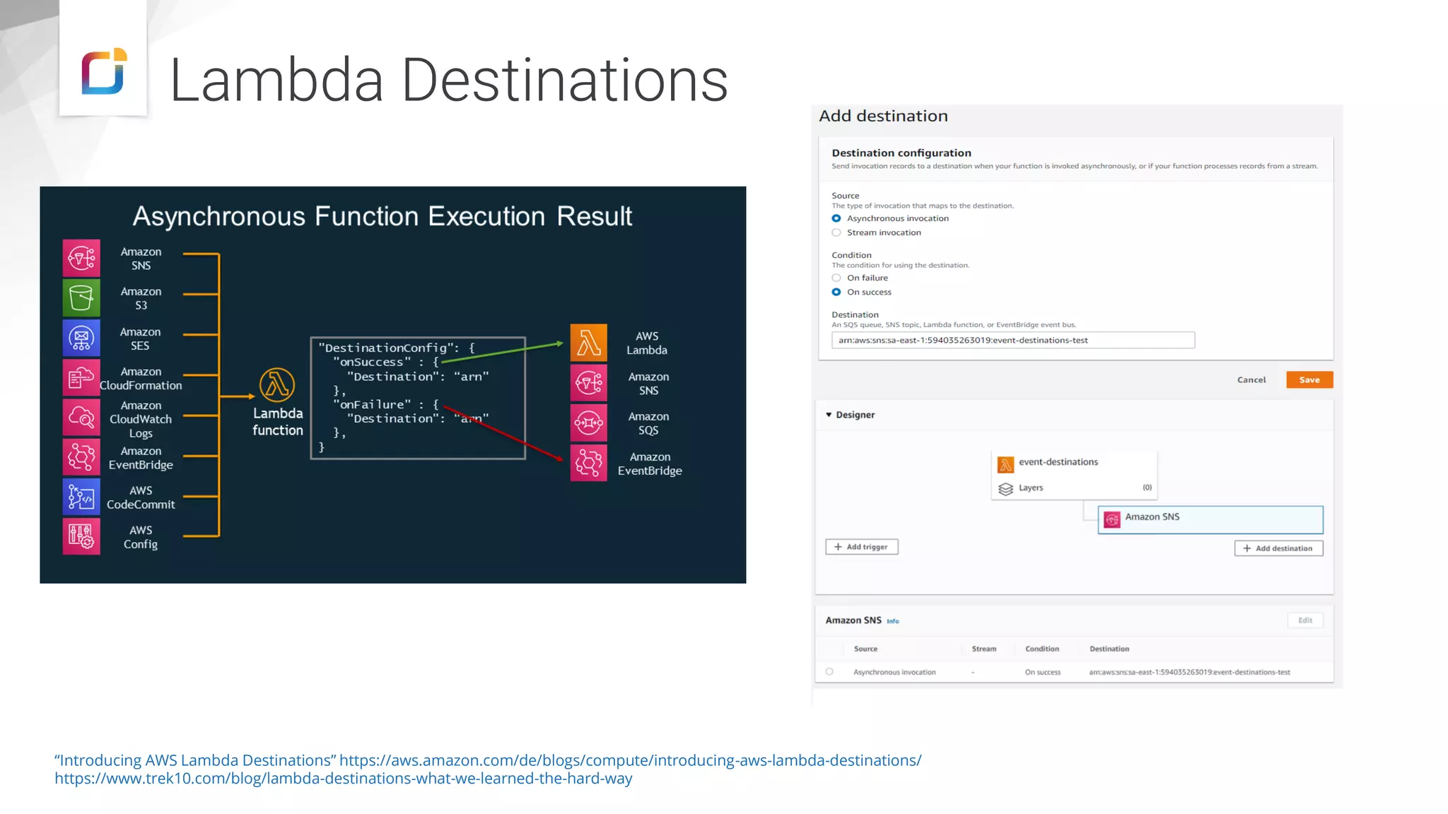 Lambda Destinations
“Introducing AWS Lambda Destinations” https://aws.amazon.com/de/blogs/compute/introducing-aws-lambda-destinations/
https://www.trek10.com/blog/lambda-destinations-what-we-learned-the-hard-way
 