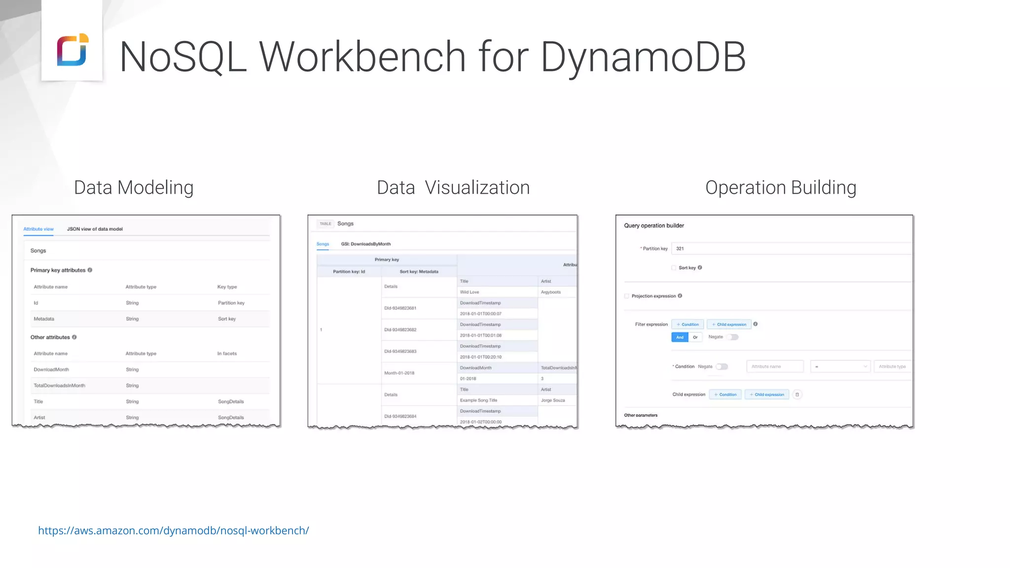 NoSQL Workbench for DynamoDB
https://aws.amazon.com/dynamodb/nosql-workbench/
Data Modeling Data Visualization Operation Building
 