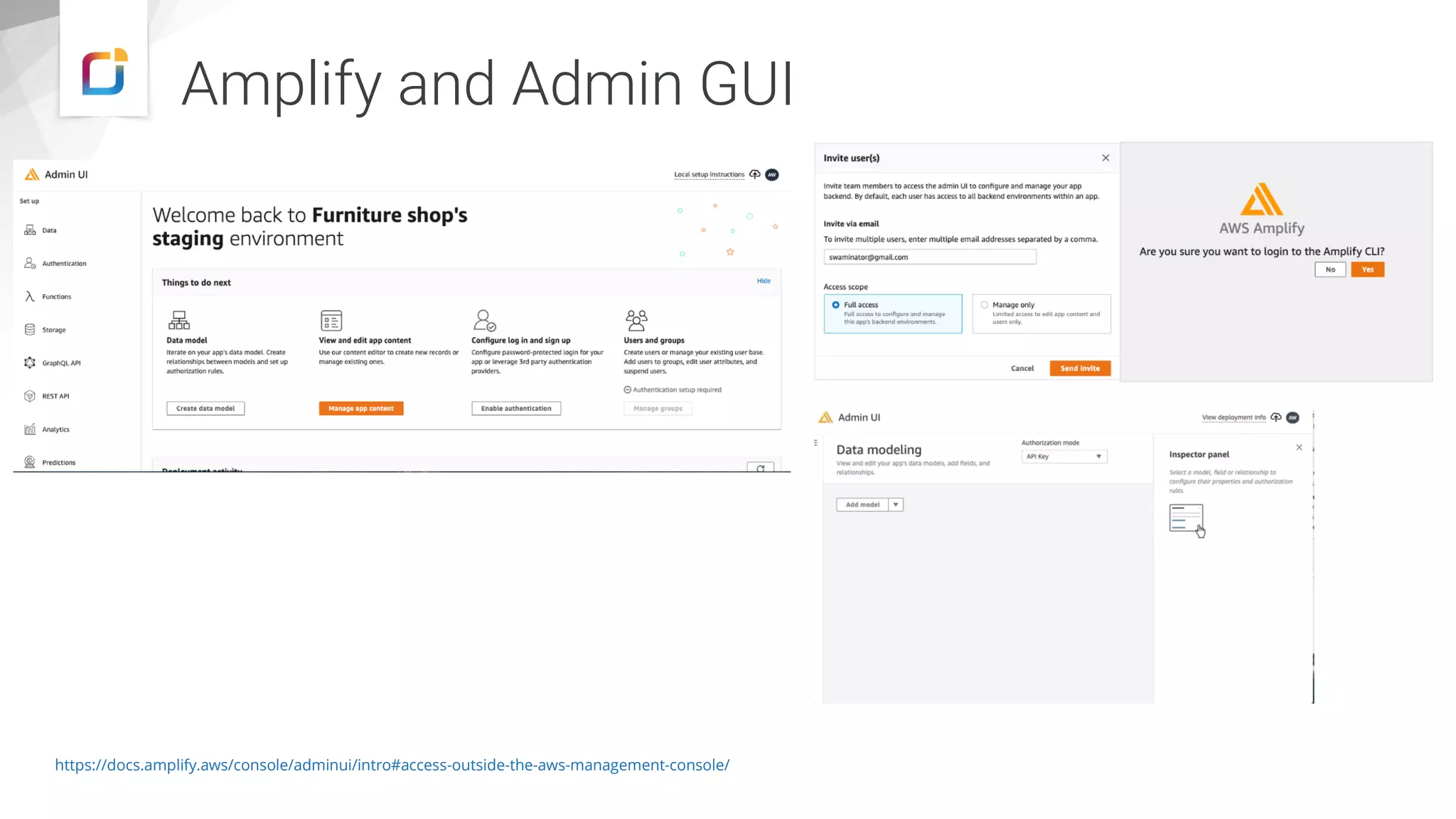 Amplify and Admin GUI
https://docs.amplify.aws/console/adminui/intro#access-outside-the-aws-management-console/
 