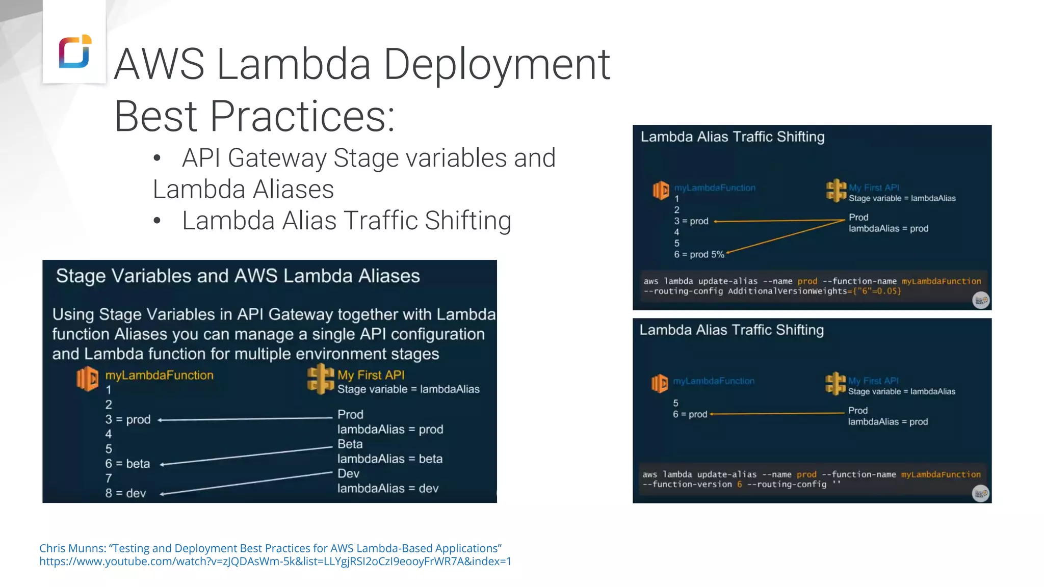 AWS Lambda Deployment
Best Practices:
• API Gateway Stage variables and
Lambda Aliases
• Lambda Alias Traffic Shifting
Chris Munns: “Testing and Deployment Best Practices for AWS Lambda-Based Applications”
https://www.youtube.com/watch?v=zJQDAsWm-5k&list=LLYgjRSI2oCzI9eooyFrWR7A&index=1
 