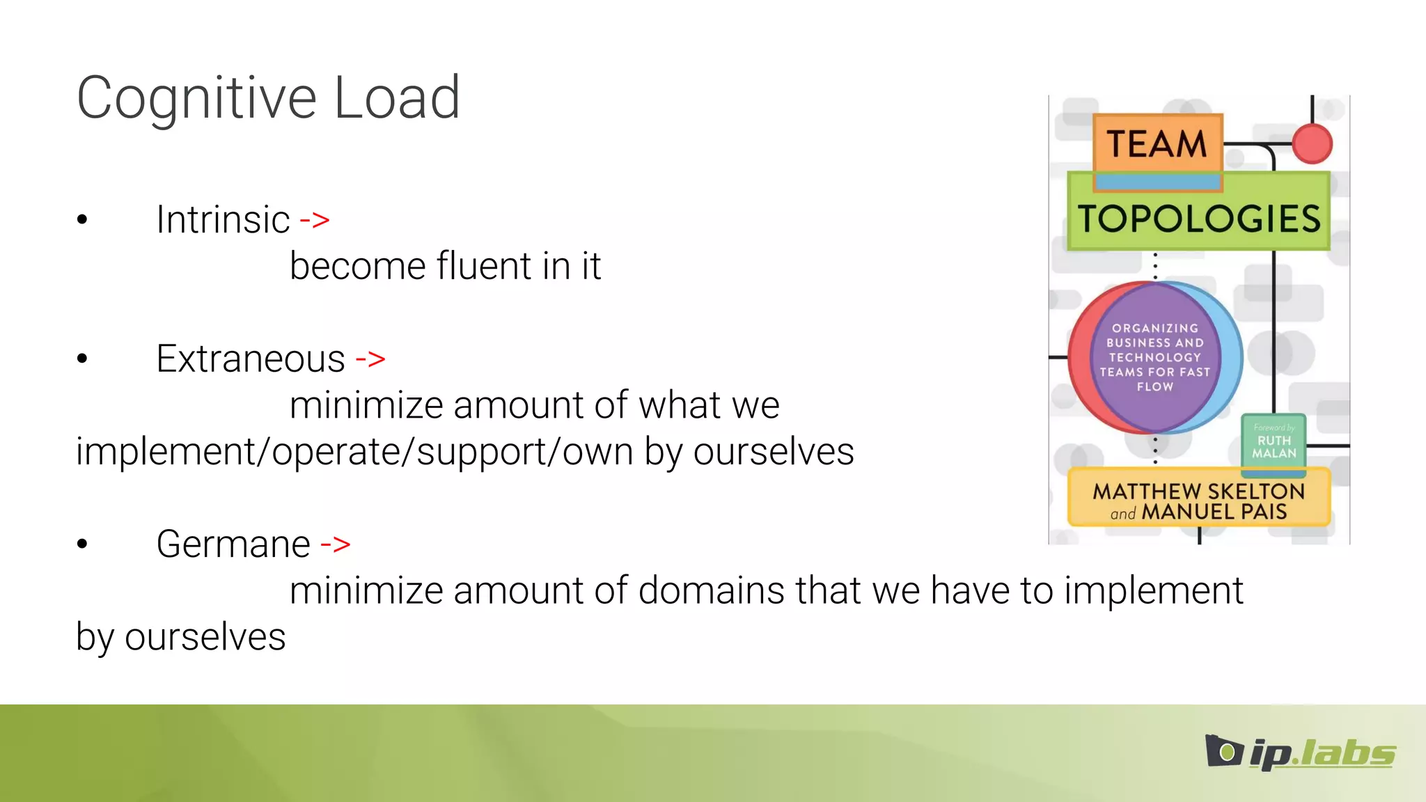Cognitive Load
• Intrinsic ->
become fluent in it
• Extraneous ->
minimize amount of what we
implement/operate/support/own by ourselves
• Germane ->
minimize amount of domains that we have to implement
by ourselves
 