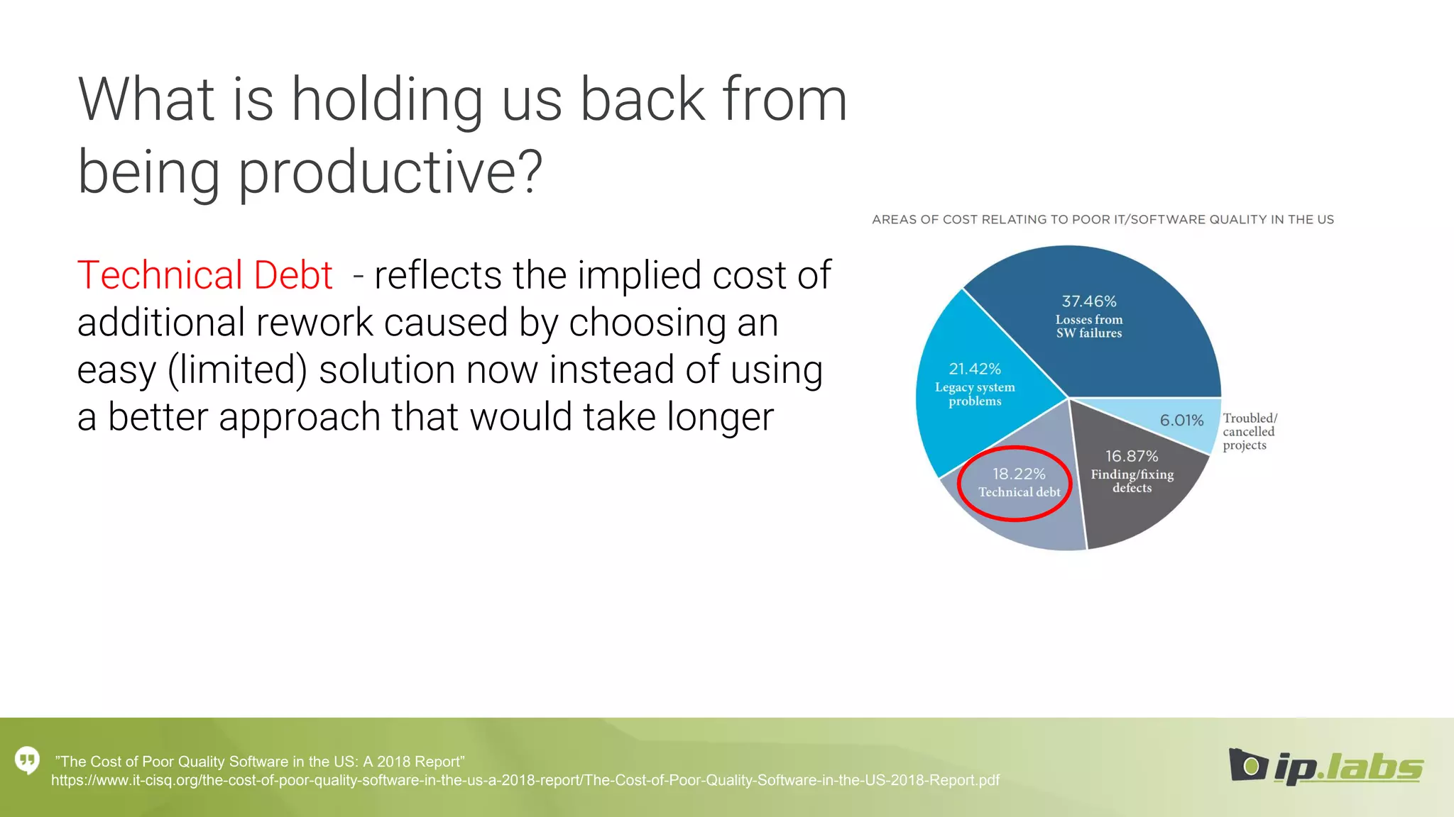 What is holding us back from
being productive?
Technical Debt - reflects the implied cost of
additional rework caused by choosing an
easy (limited) solution now instead of using
a better approach that would take longer
”The Cost of Poor Quality Software in the US: A 2018 Report”
https://www.it-cisq.org/the-cost-of-poor-quality-software-in-the-us-a-2018-report/The-Cost-of-Poor-Quality-Software-in-the-US-2018-Report.pdf
 
